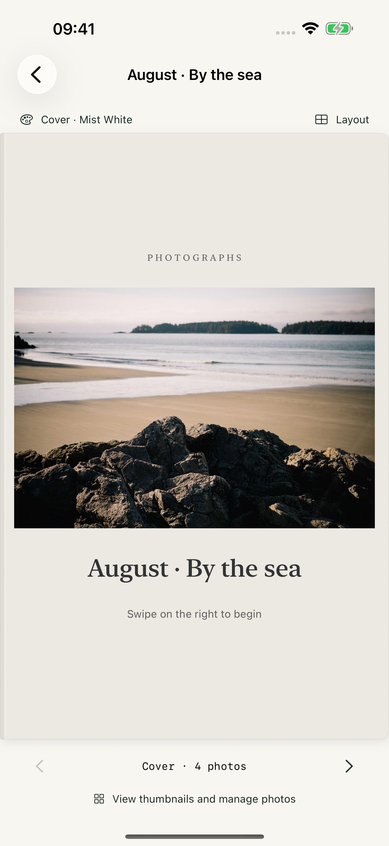 Taleaf's digital book showing an August seaside chapter