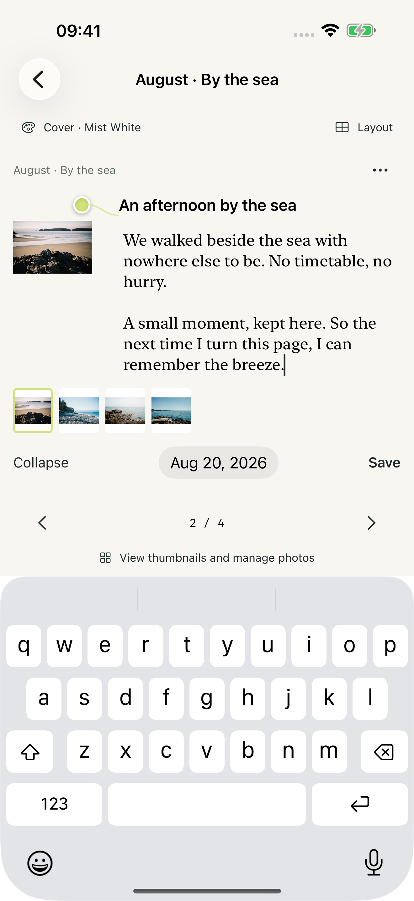Writing a personal note directly beside a photograph in Taleaf